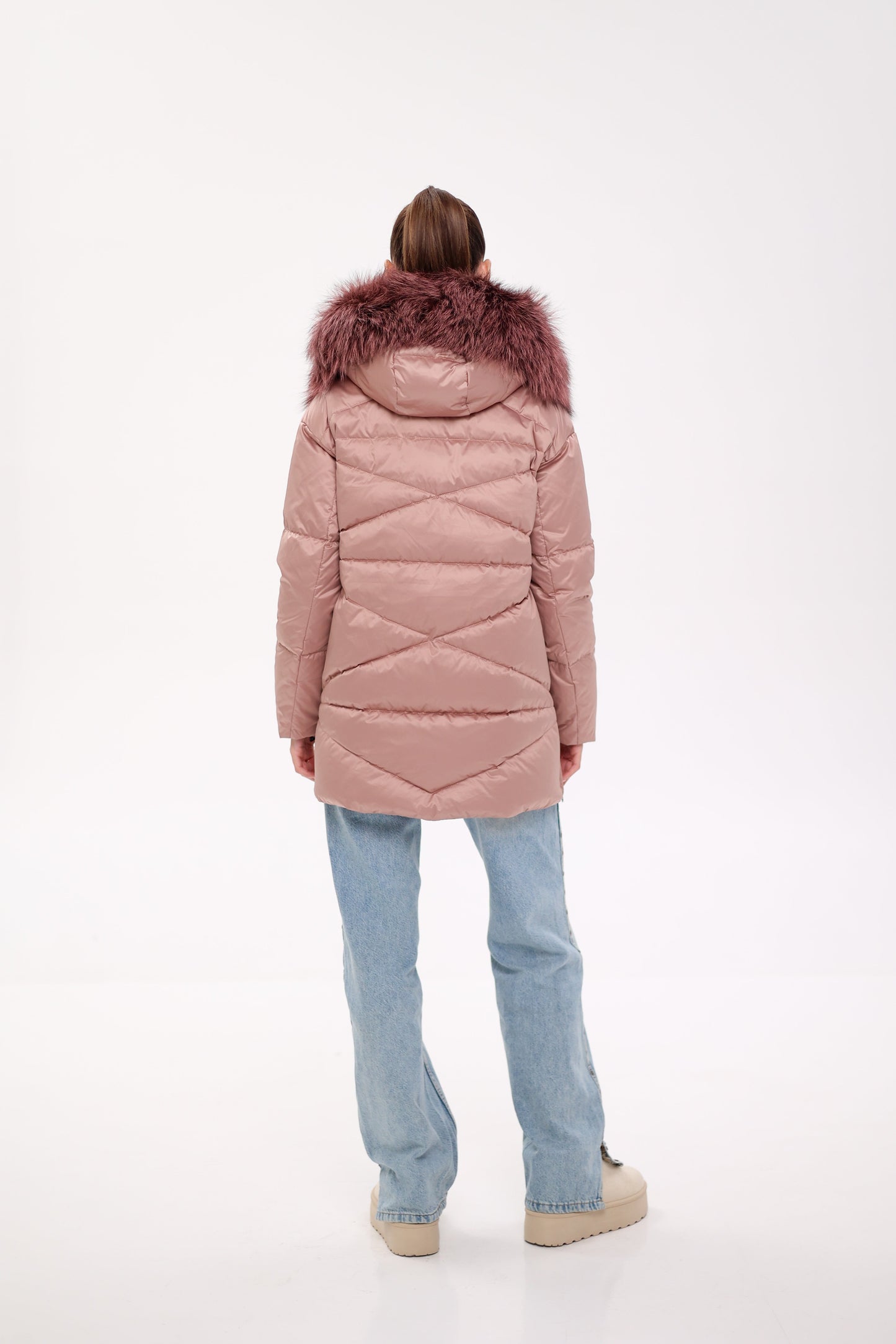 Parka de plumas con ribete de auténtica piel de zorro plateado