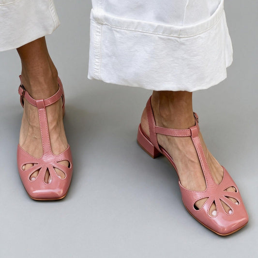 Women's Retro T-Strap Block Heel Sandals – Floral Cut-Out Square Toe