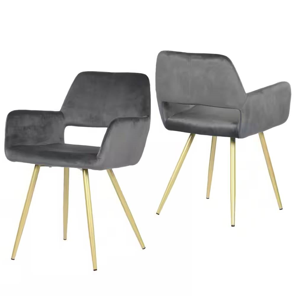 Juego de 2 sillas de comedor modernas tapizadas en terciopelo gris oscuro con patas de metal dorado