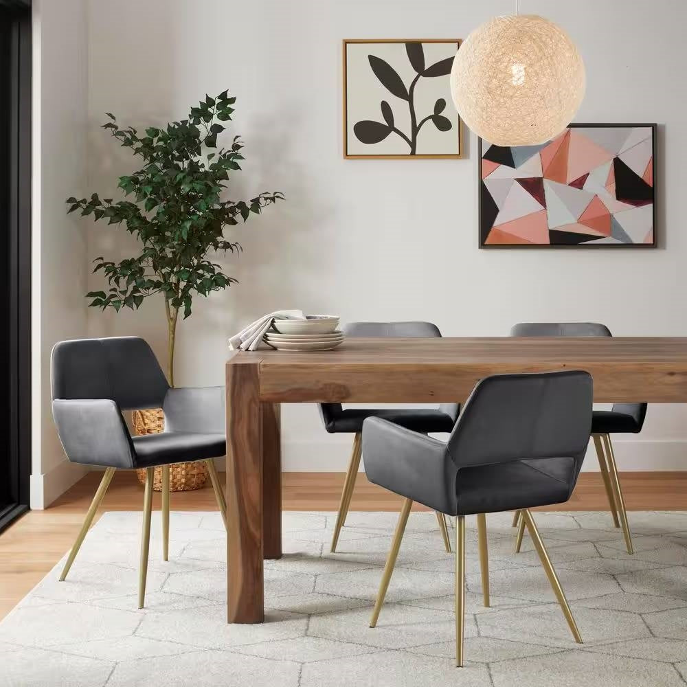 Juego de 2 sillas de comedor modernas tapizadas en terciopelo gris oscuro con patas de metal dorado