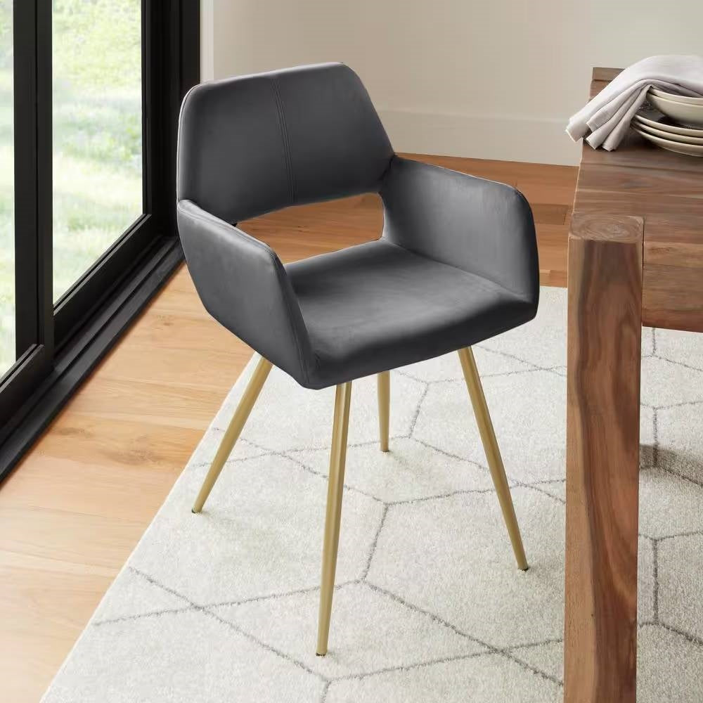 Juego de 2 sillas de comedor modernas tapizadas en terciopelo gris oscuro con patas de metal dorado