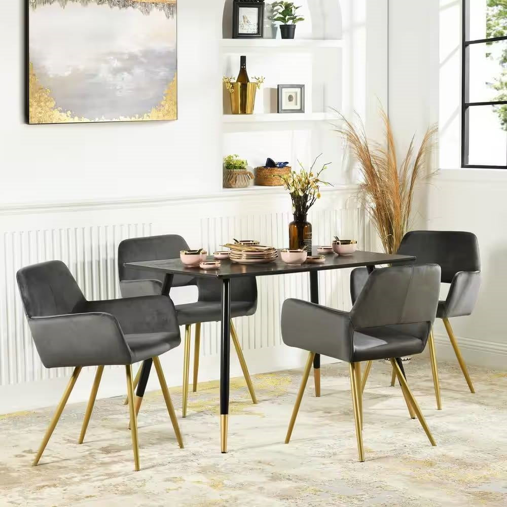 Juego de 2 sillas de comedor modernas tapizadas en terciopelo gris oscuro con patas de metal dorado