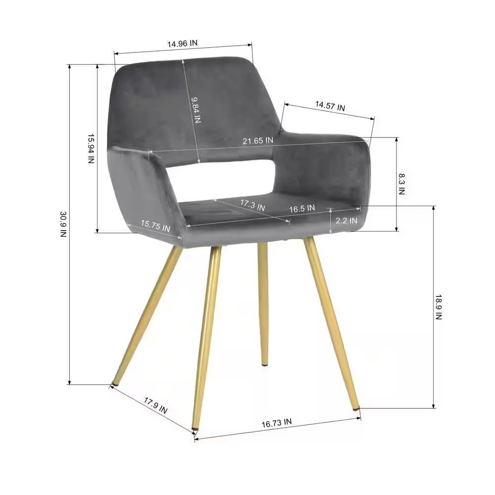 Juego de 2 sillas de comedor modernas tapizadas en terciopelo gris oscuro con patas de metal dorado
