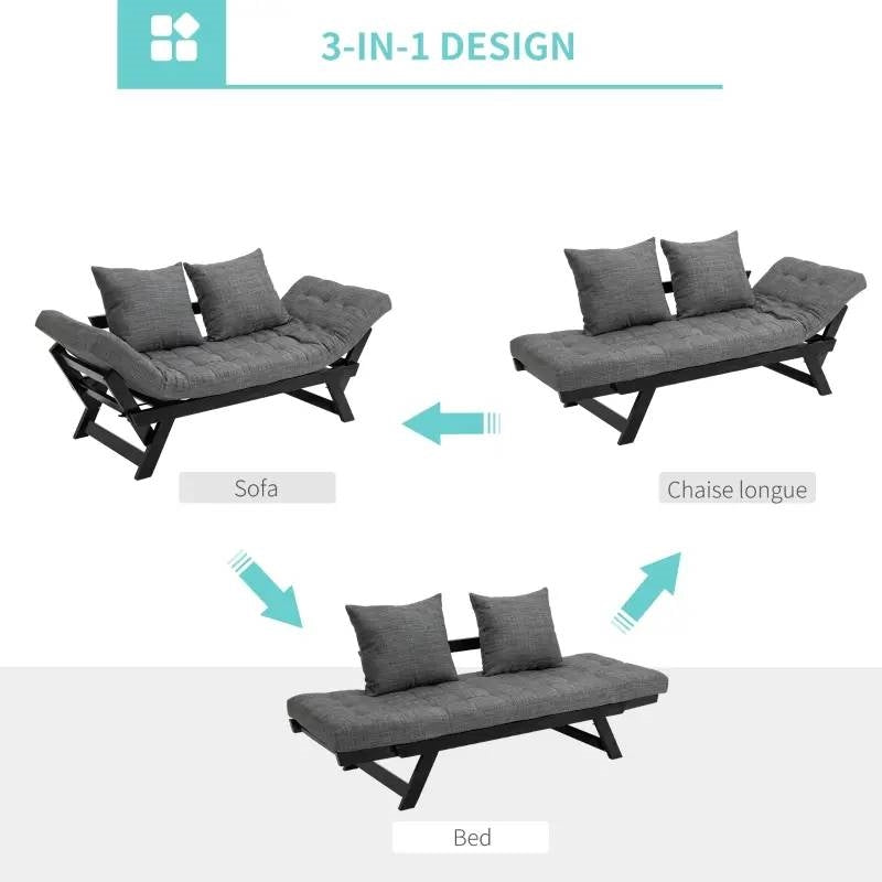 Sofá chaise longue convertible 3 en 1 de carbón/negro con 2 almohadas grandes