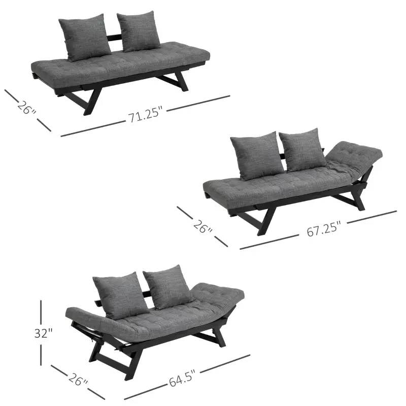Sofá chaise longue convertible 3 en 1 de carbón/negro con 2 almohadas grandes
