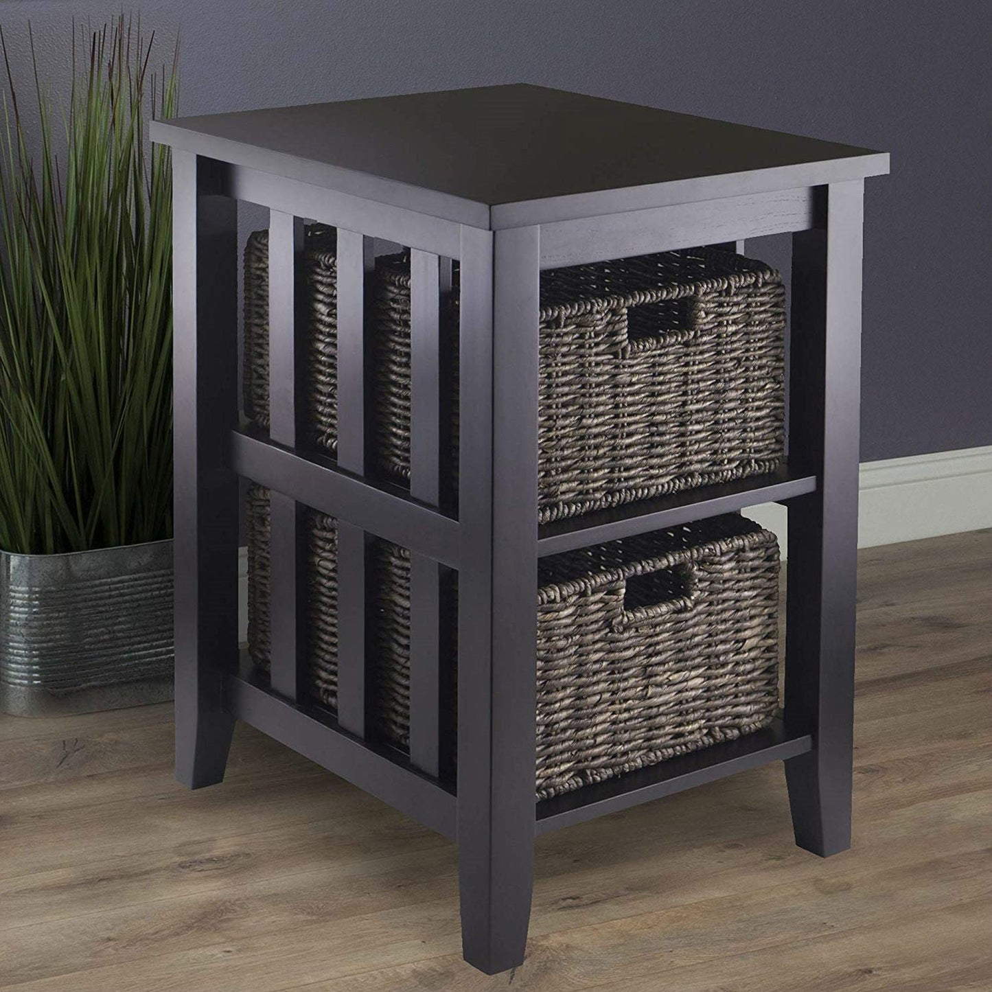 Mesa auxiliar con estantes de 3 niveles para libros Espresso con 2 cestas pequeñas de almacenamiento