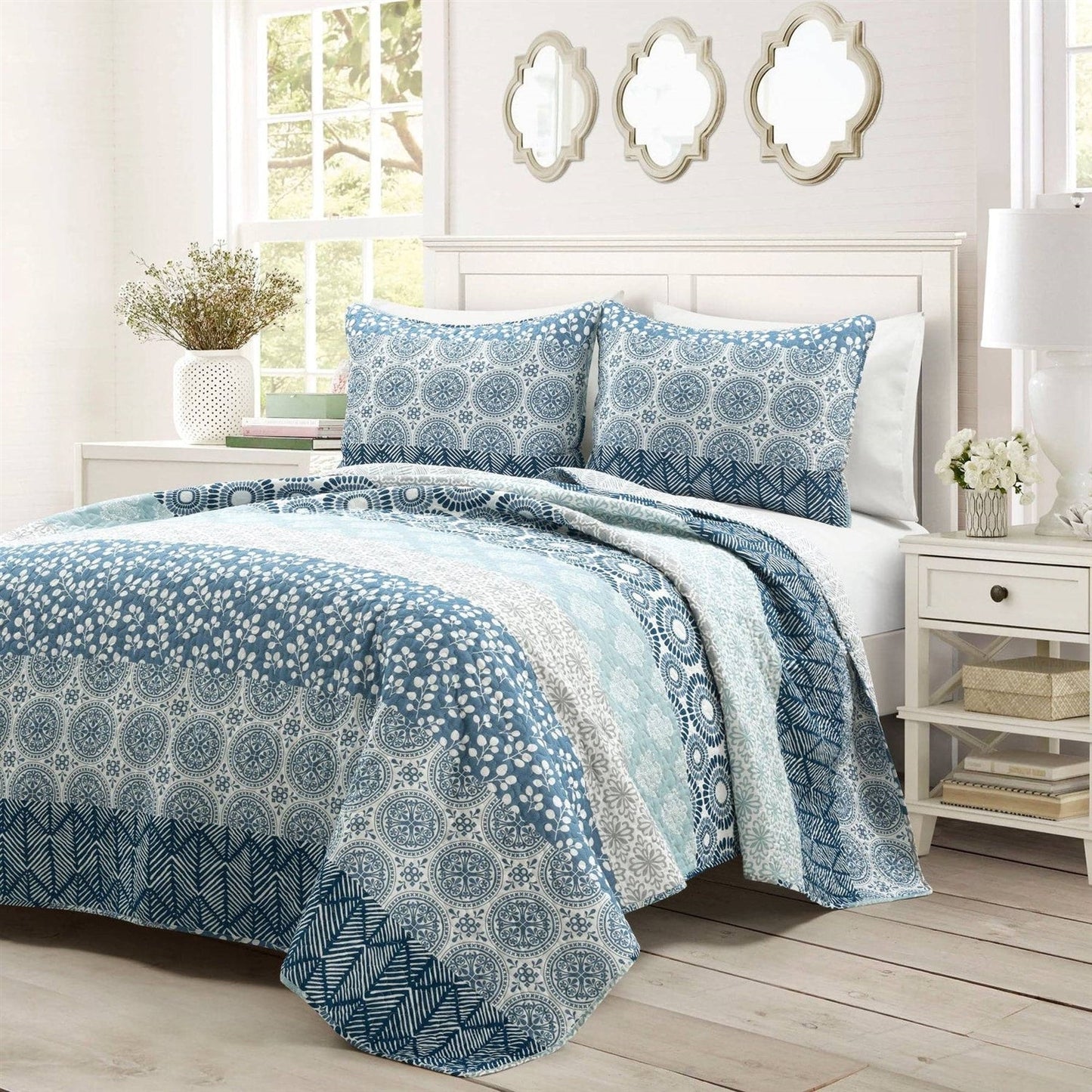 Juego de edredón reversible de 3 piezas ligero de damasco botánico azul para cama California King