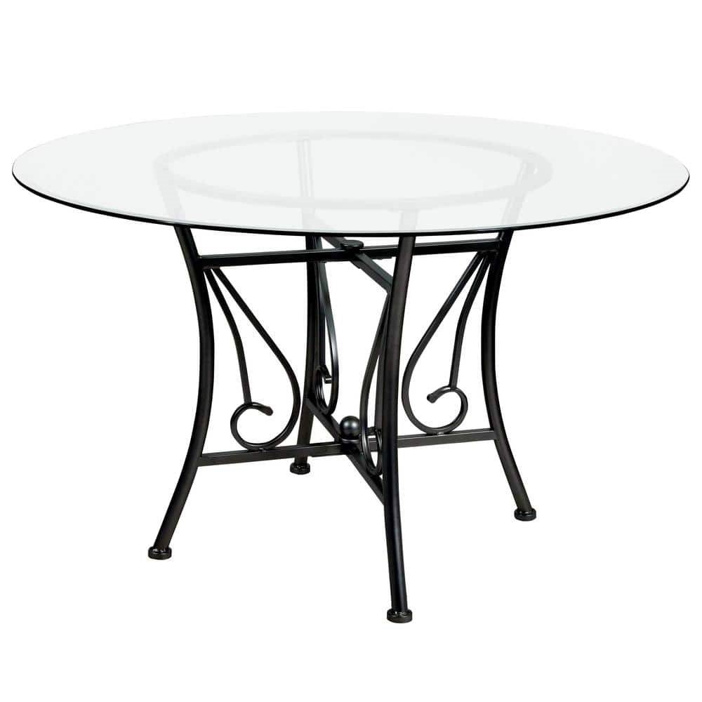 Mesa de comedor redonda de cristal de 48 pulgadas con estructura de metal negro