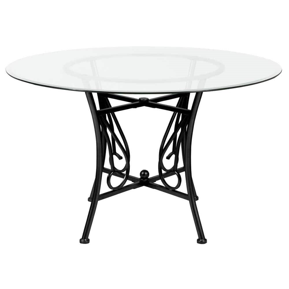 Mesa de comedor redonda de cristal de 48 pulgadas con estructura de metal negro