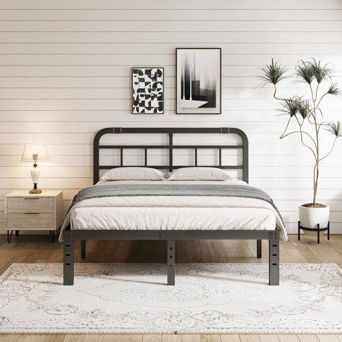 Base de cama de plataforma de metal negro resistente tamaño California King con cabecero