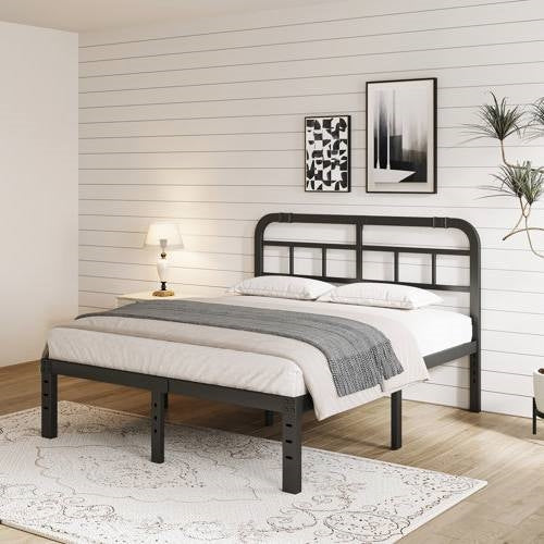 Base de cama de plataforma de metal negro resistente tamaño California King con cabecero