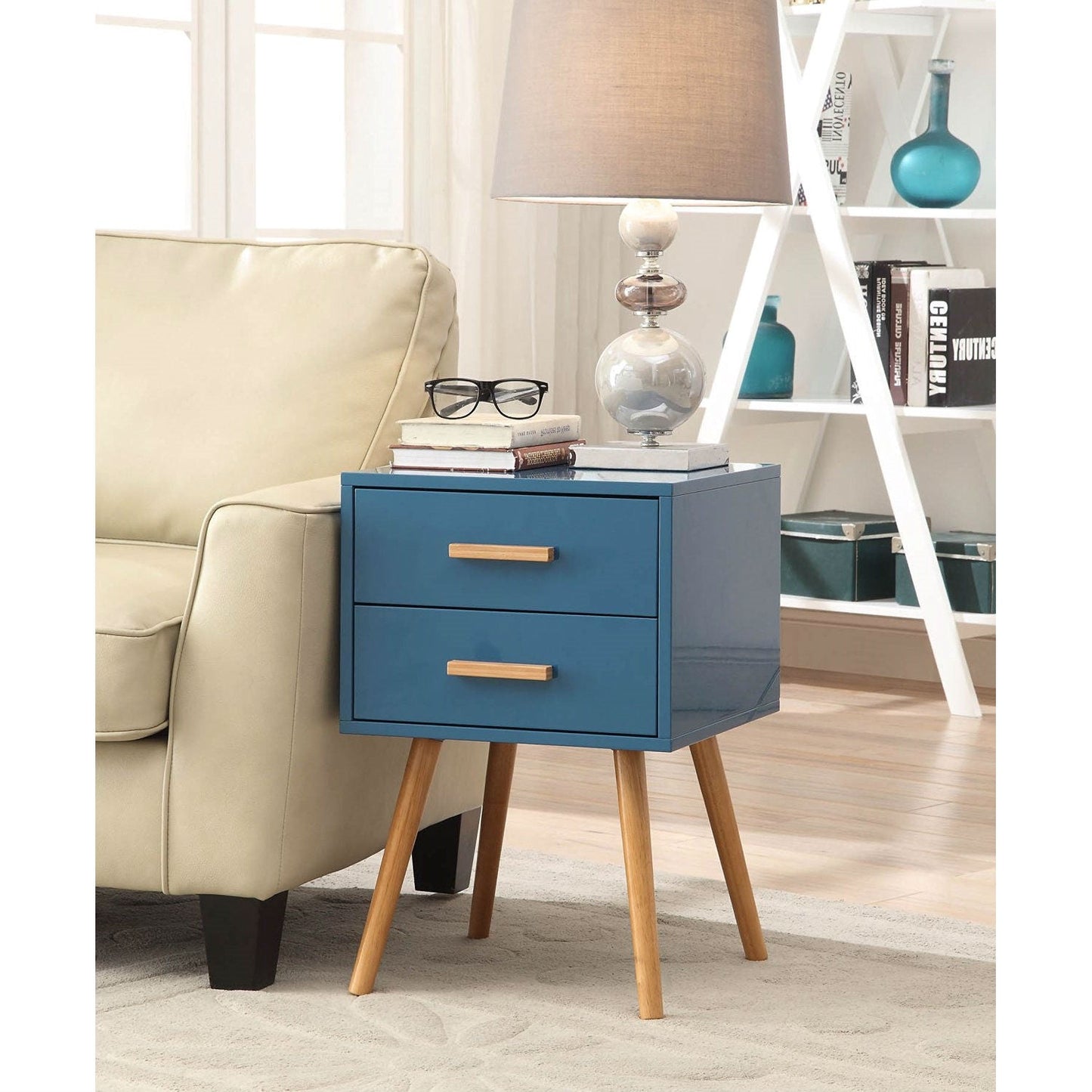 Mesa Auxiliar de Noche de Estilo Clásico Moderno de Mediados de Siglo en Acabado Azul
