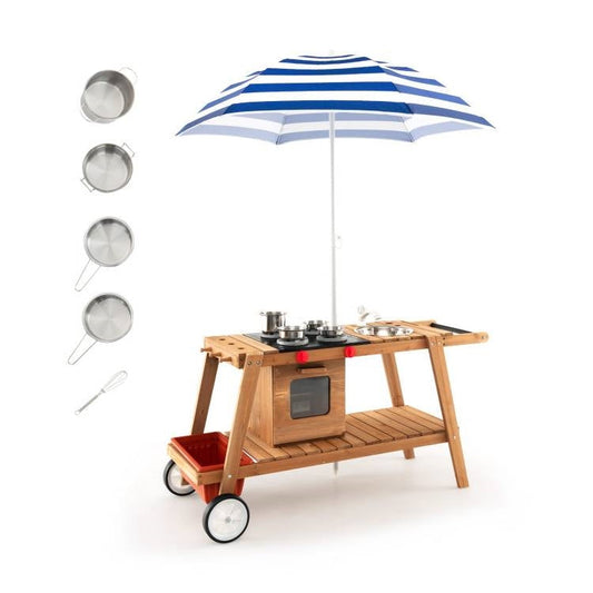 Set de carro de cocina portátil de madera para niños Paraguas resistente al sol azul marino/blanco
