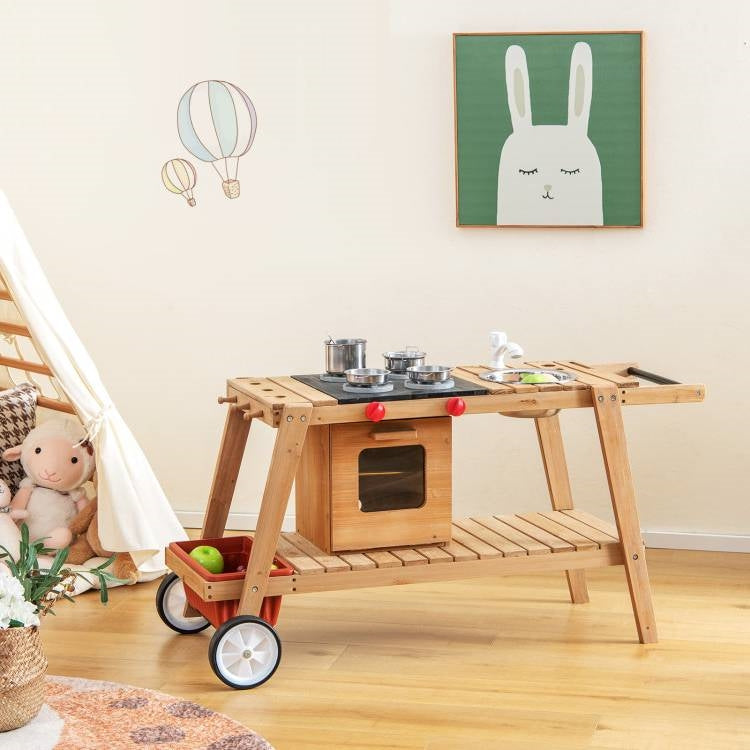 Set de carro de cocina portátil de madera para niños Paraguas resistente al sol azul marino/blanco