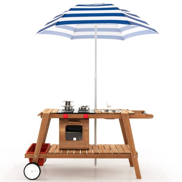 Set de carro de cocina portátil de madera para niños Paraguas resistente al sol azul marino/blanco