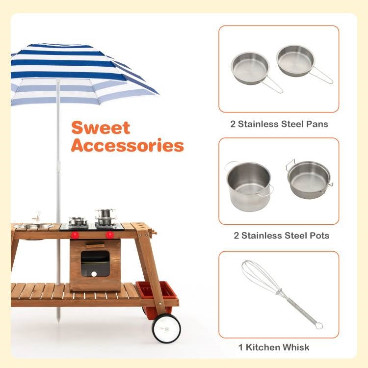Set de carro de cocina portátil de madera para niños Paraguas resistente al sol azul marino/blanco