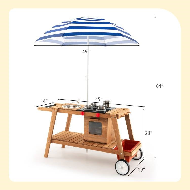 Set de carro de cocina portátil de madera para niños Paraguas resistente al sol azul marino/blanco