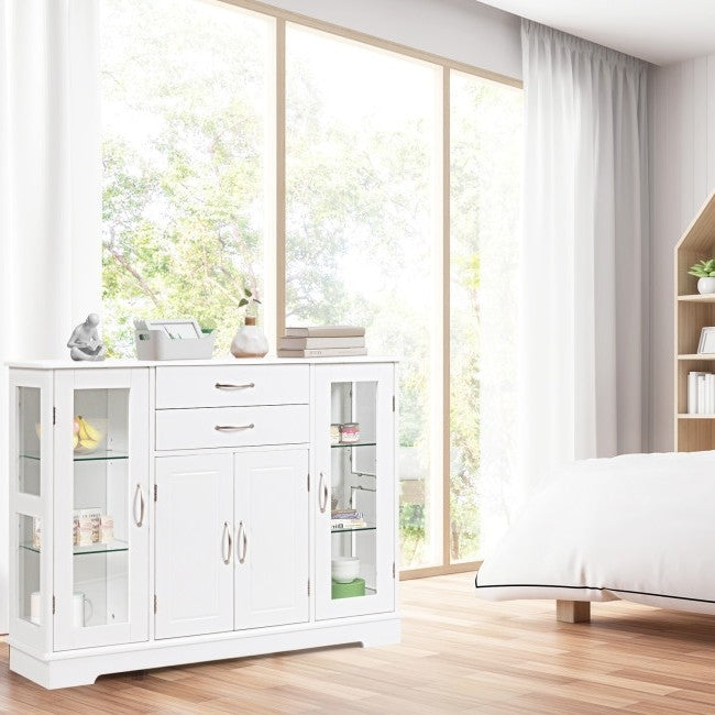 Aparador de madera blanca con puertas de cristal para exposición