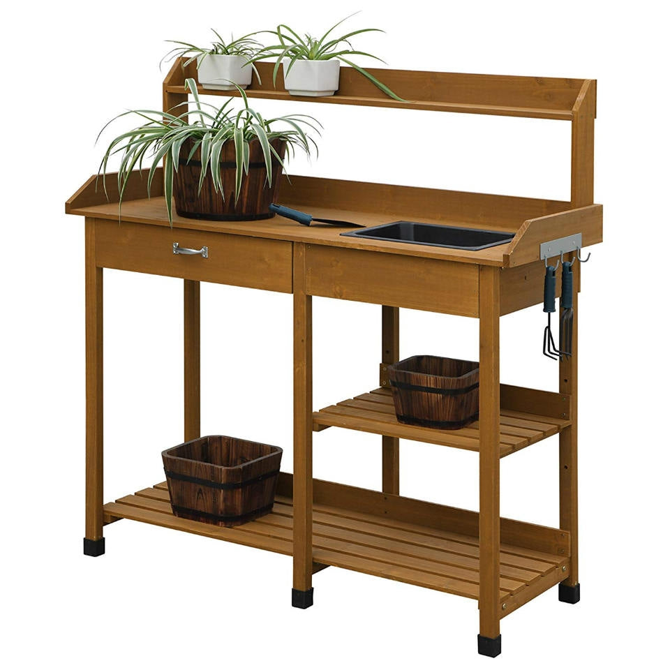Mesa de trabajo para jardín moderna con fregadero, estantes de almacenamiento y cajón