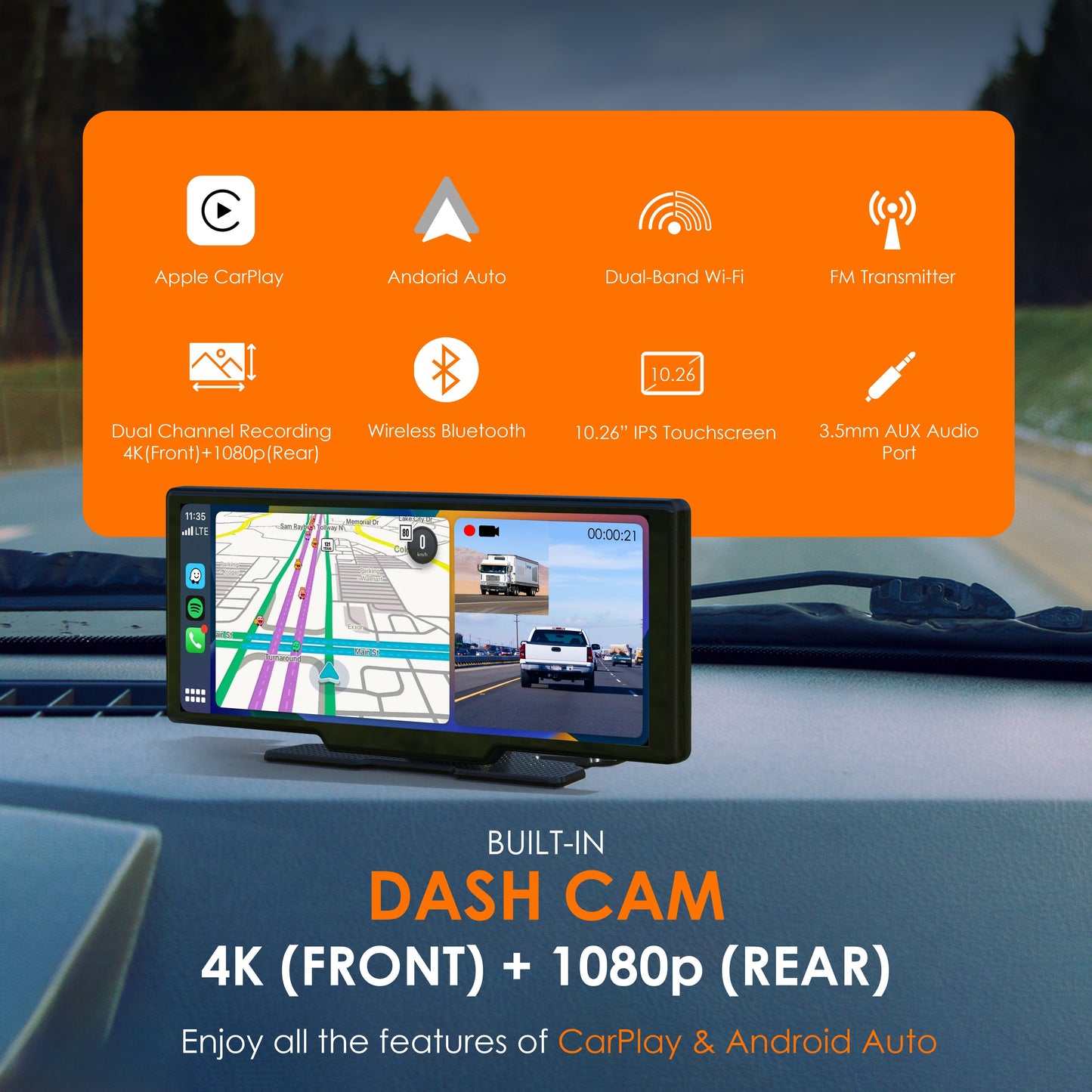 REXING CPDuo Pro – Receptor inalámbrico Apple CarPlay / Android Auto con pantalla táctil LCD de 10.26 pulgadas