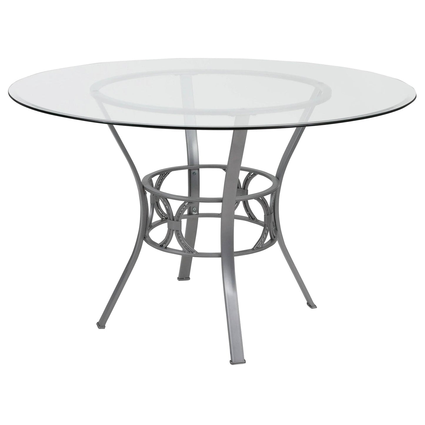 Mesa de comedor redonda de cristal de 48 pulgadas con estructura de metal plateado