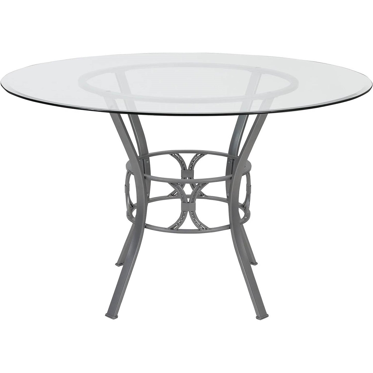 Mesa de comedor redonda de cristal de 48 pulgadas con estructura de metal plateado