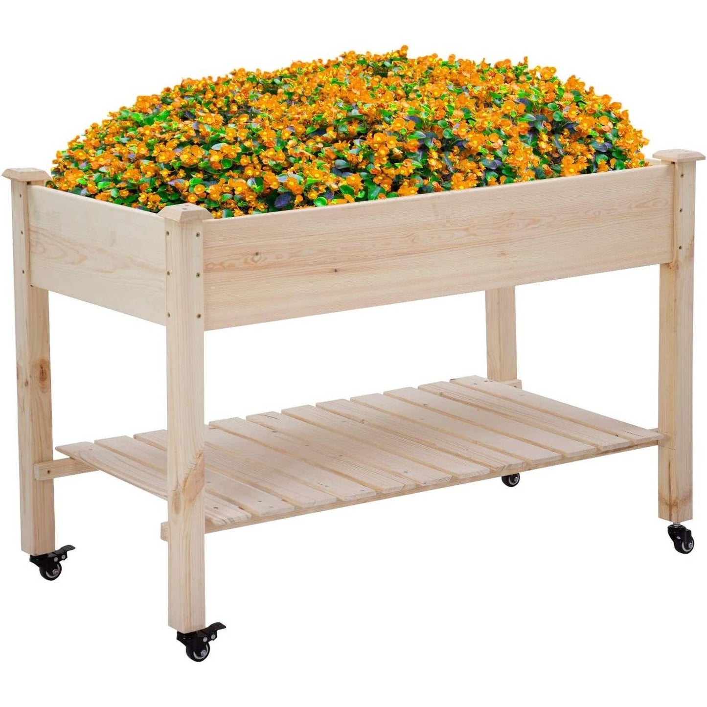 Macetero elevado para jardín de madera de abeto maciza para exteriores de 0.6 m x 1.2 m con ruedas con bloqueo