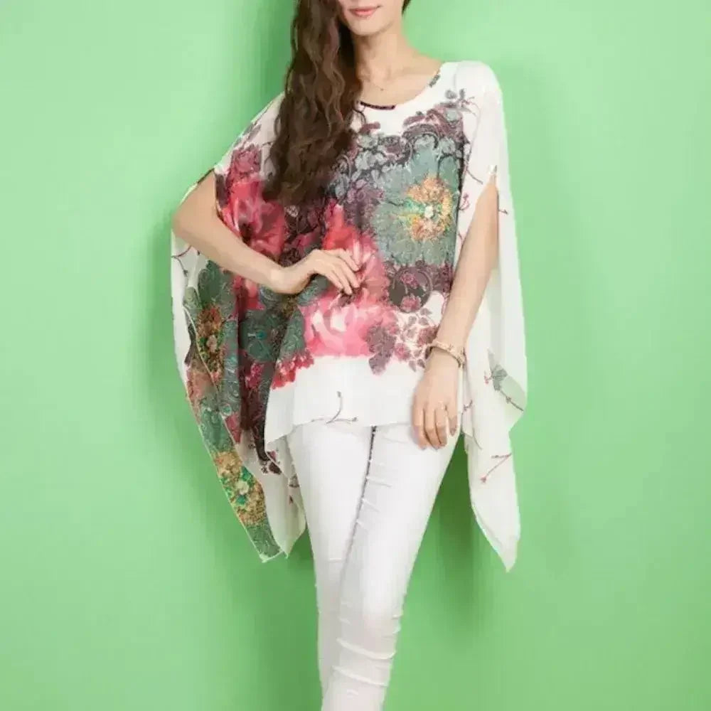 Peony Floral Top - Batwing Chiffon Blouse | Femstylo
