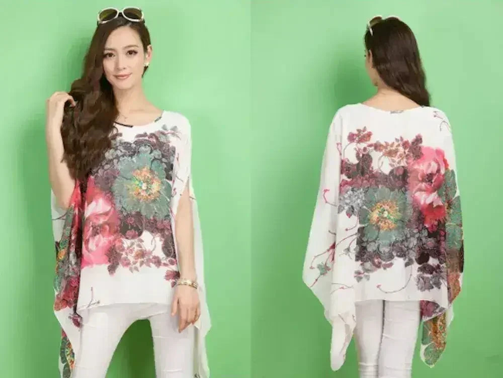 Peony Floral Top - Batwing Chiffon Blouse | Femstylo