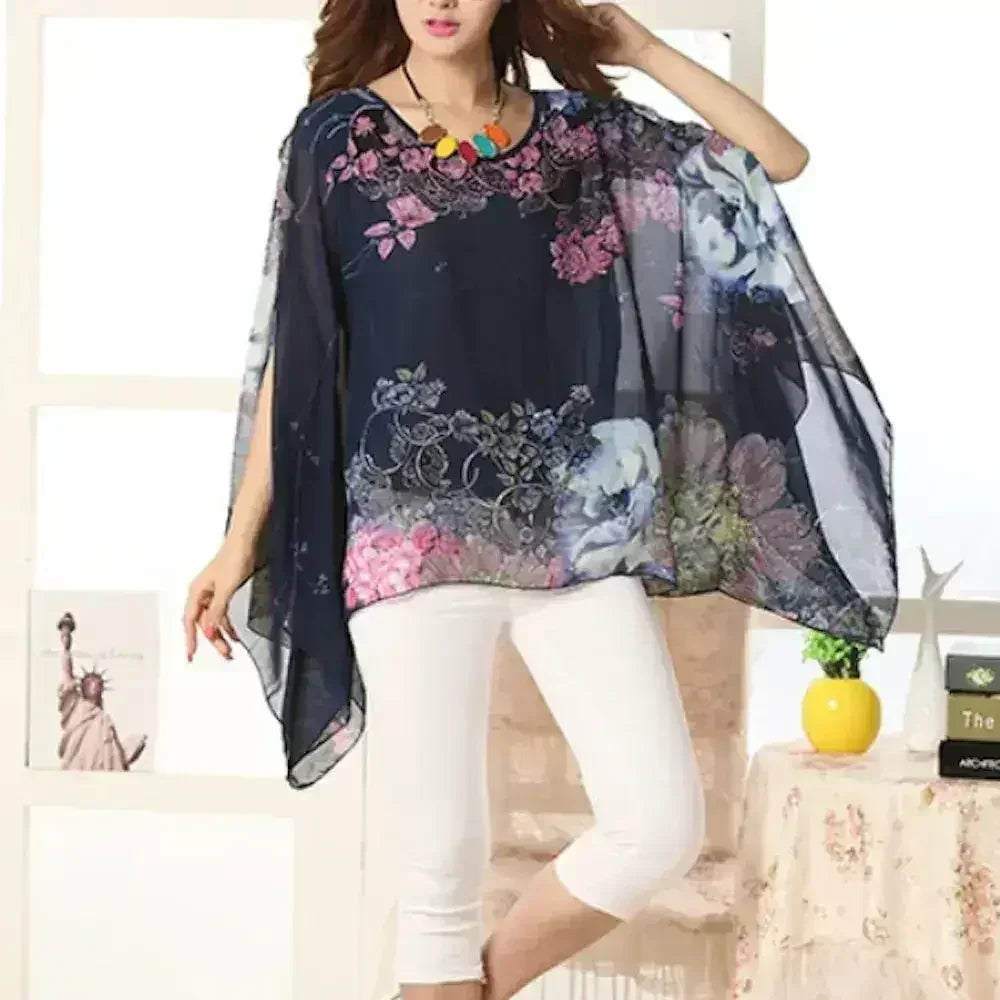 Peony Floral Top - Batwing Chiffon Blouse | Femstylo