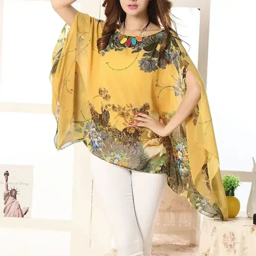 Peony Floral Top - Batwing Chiffon Blouse | Femstylo