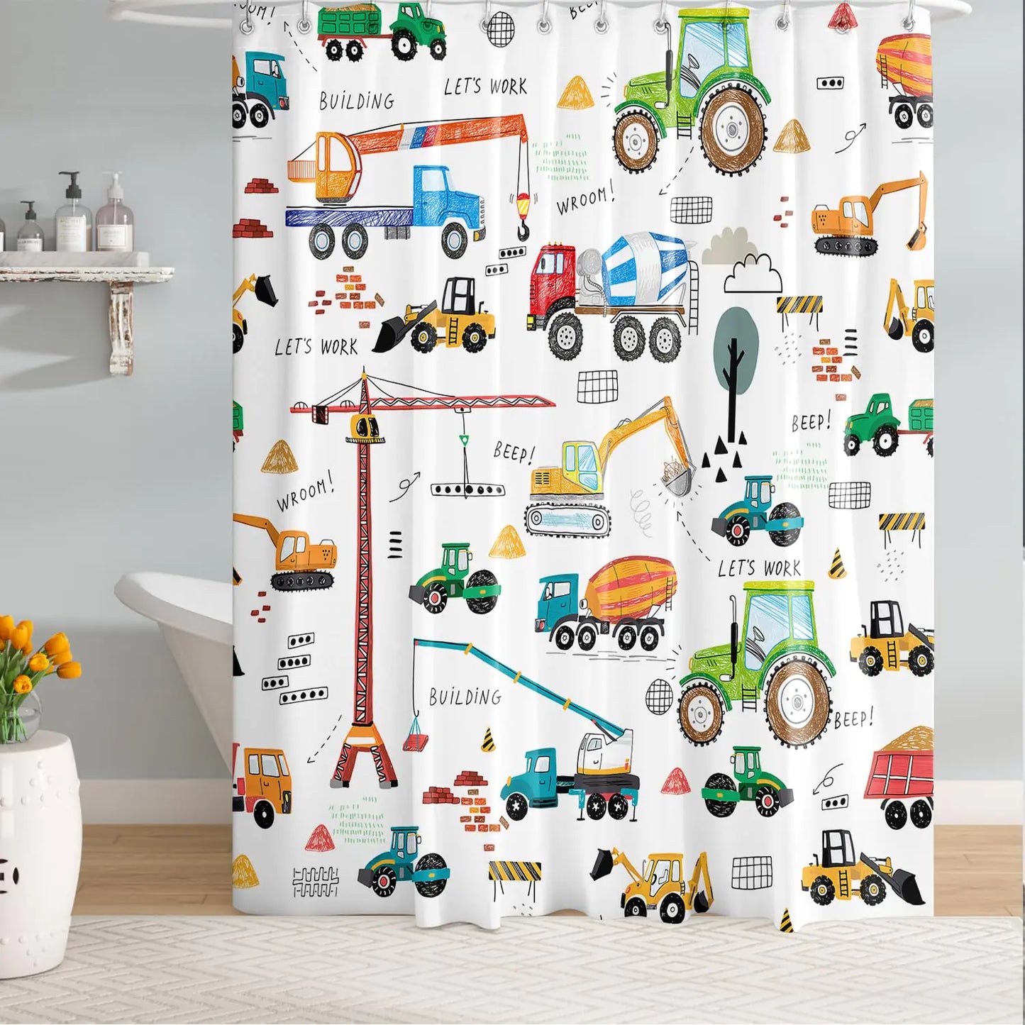 Peopleareok Excavator Kids Bathroom Shower Curtain Tractor Machinery Trucks Shower Curtain Construction Vehicle Boys Shower Curtain Kids Bathroom Shower Curtain Boys Bathroom Decor 72" W x 72" L