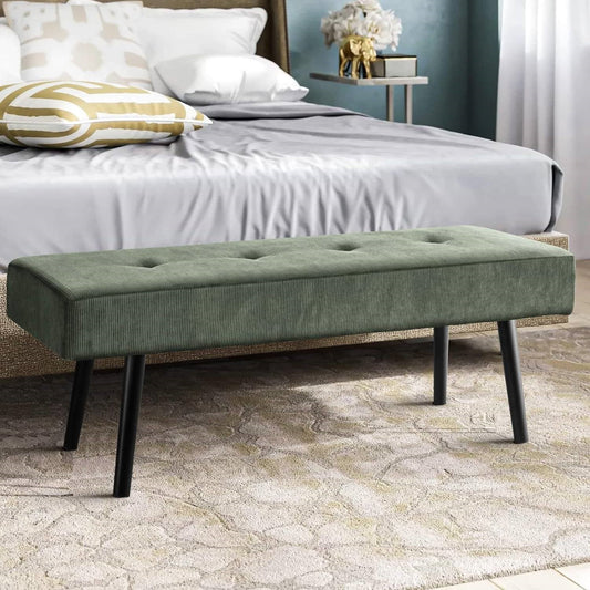 Banco tapizado en pana verde estilo Mid-Century para pie de cama con patas de metal negras