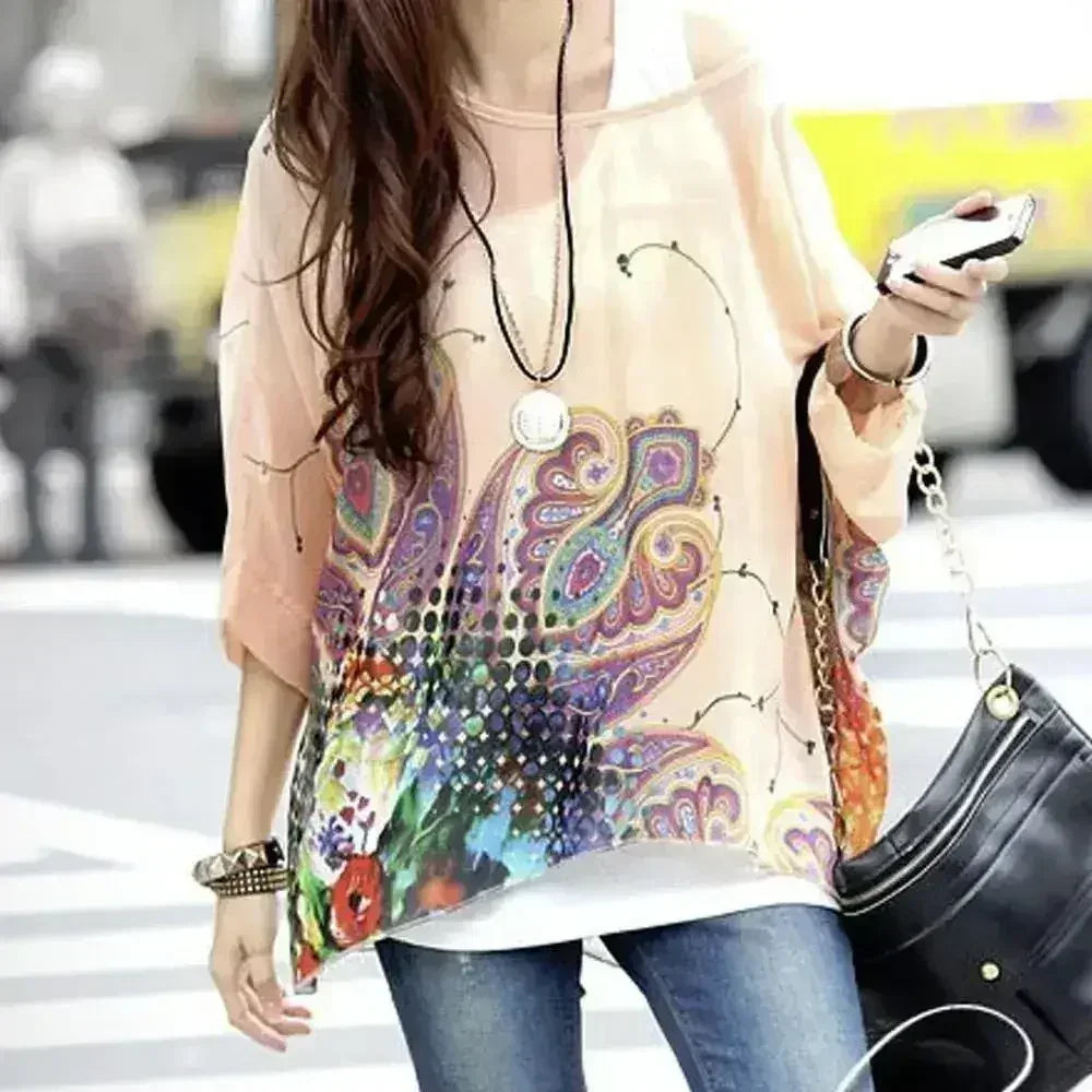Paisley Print Chiffon Top - Batwing Boho Blouse | Femstylo