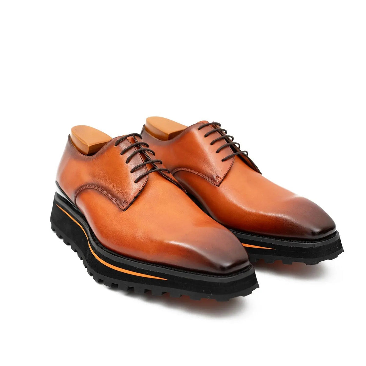 Orange-Brown Plain-Toe Cow Leather Derby Shoes