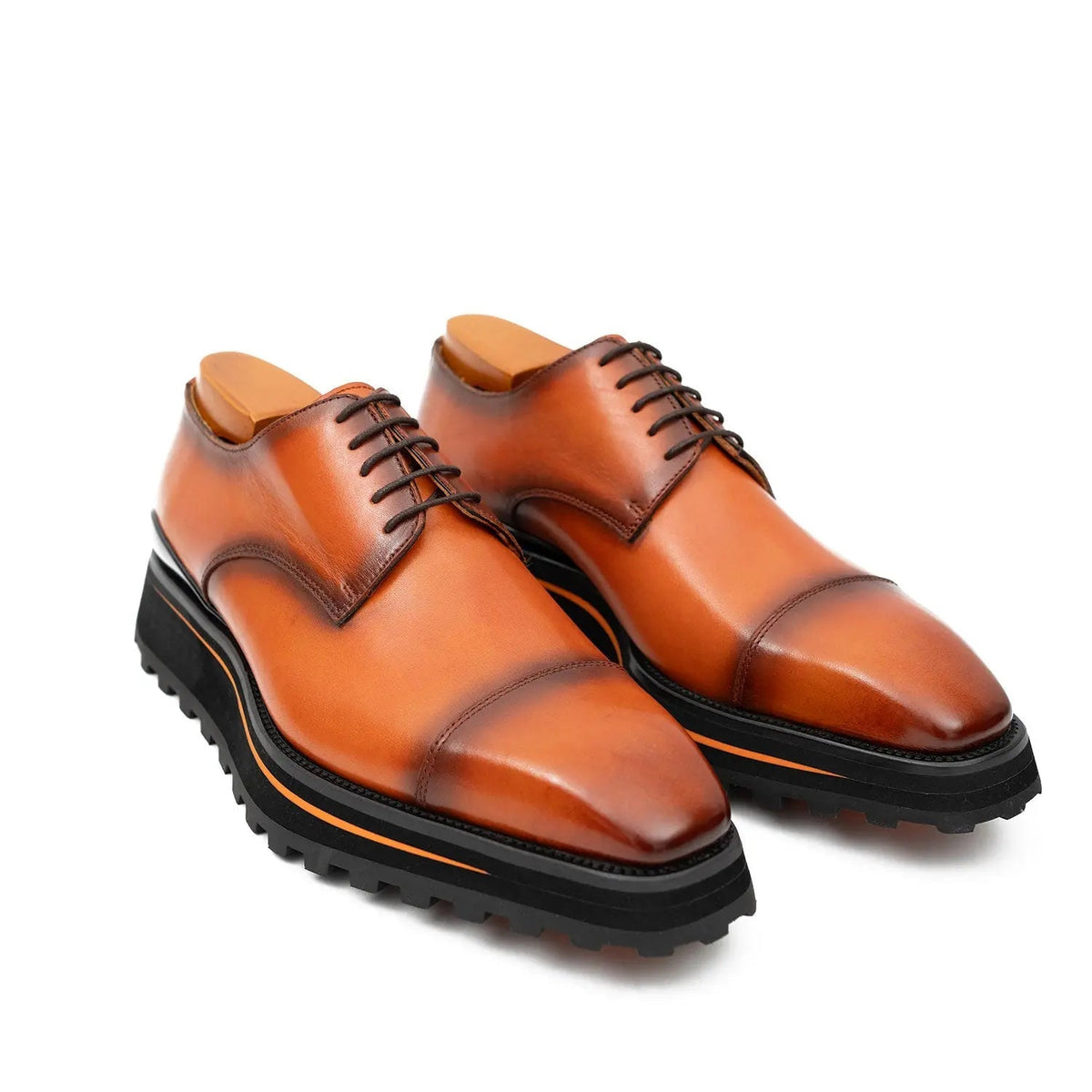 Orange-Brown Cap-Toe Cow Leather Derby Shoes
