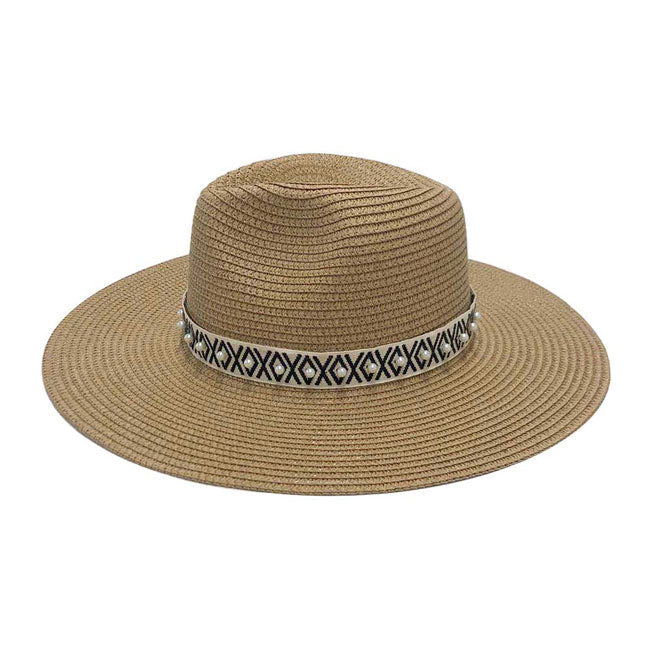 Pearl Embellished Aztec Band Panama Sun Hat