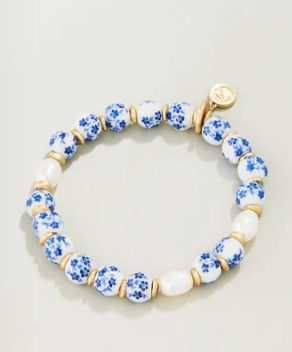 Ceramic Bead Stretch Bracelet – Blue Flowers