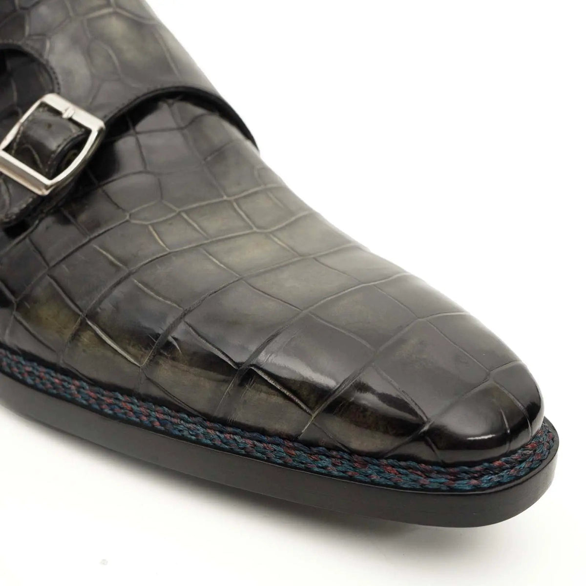 Dark Green Plain-Toe Crocodile Leather Monk Shoes