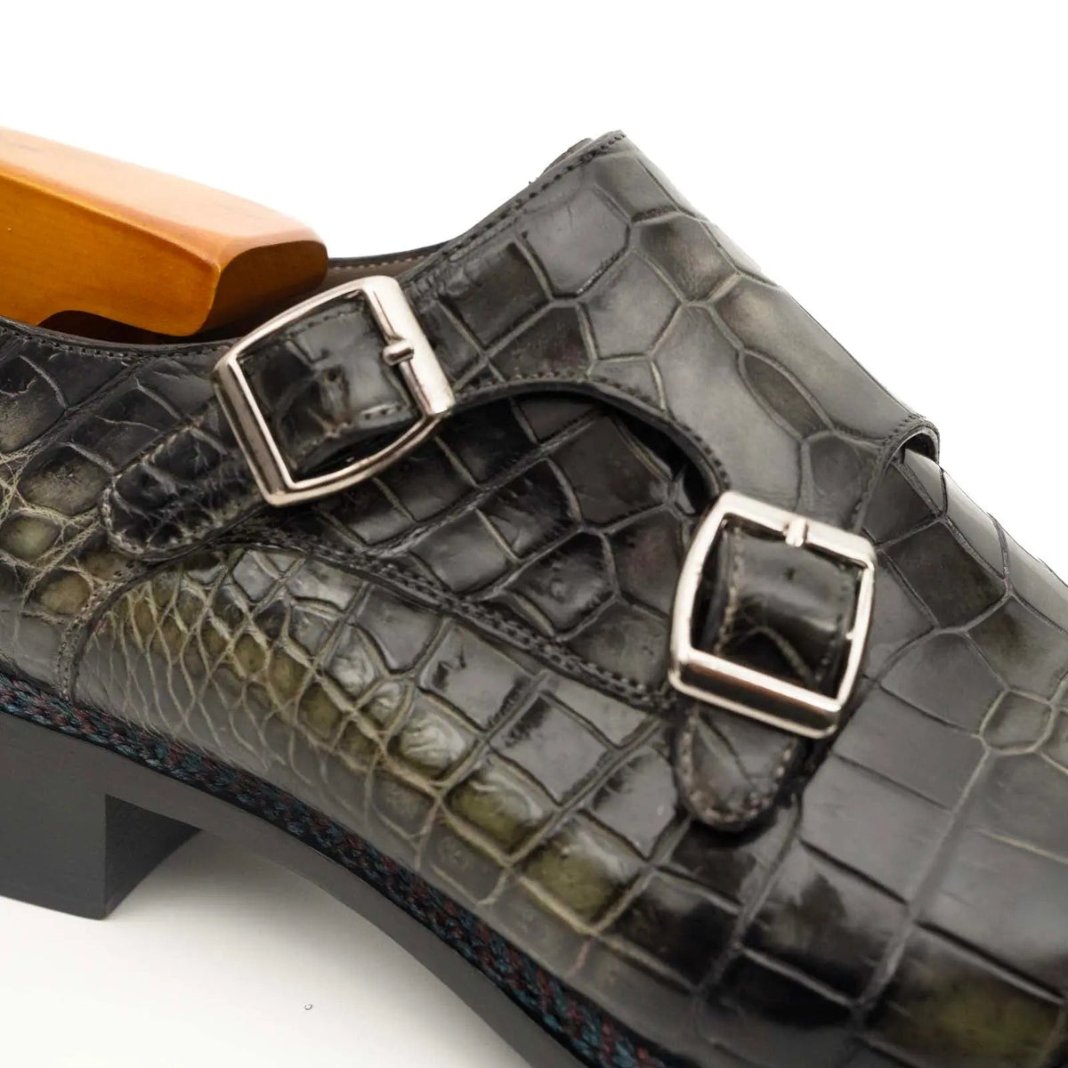 Dark Green Plain-Toe Crocodile Leather Monk Shoes