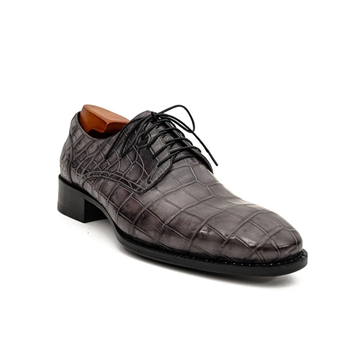 Gray Plain-Toe Crocodile Leather Derby Shoes