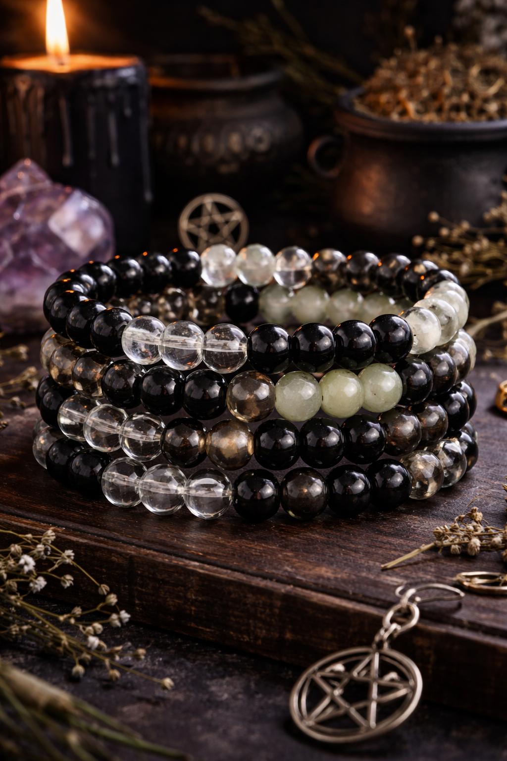 Pulsera de hechizos Sendero de medianoche – Pulsera de cuentas con intención de bruja (8 mm, muñeca mediana)