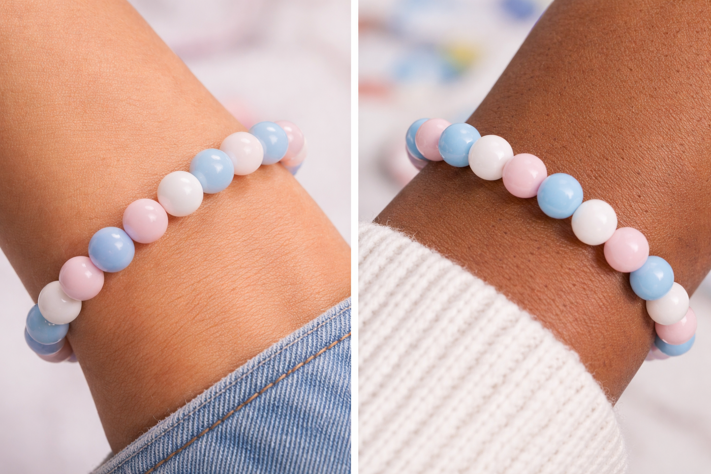 Pulsera Trans de Orgullo y Concientización – Cuentas Pulidas Rosas, Blancas y Azules