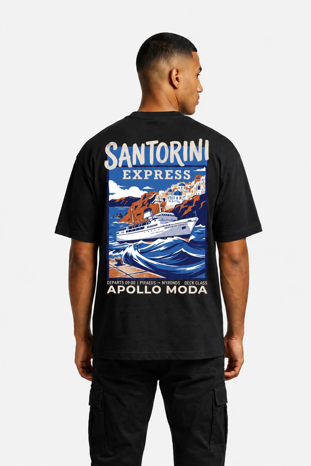 'Santorini Express' Oversized Graphic Tee — Black