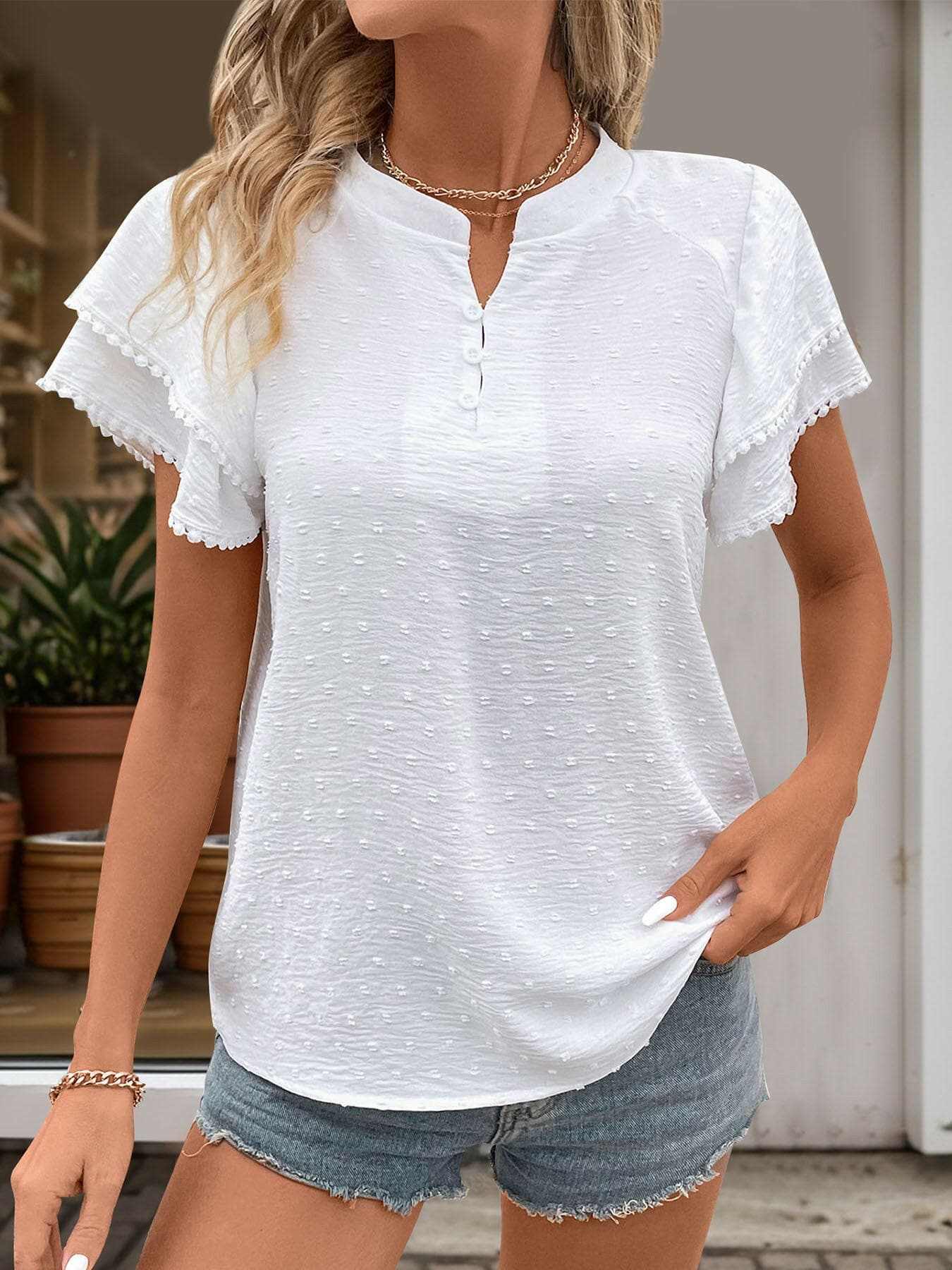 Women's Blouse Blouse - Swiss Dot Notched - Chic Style