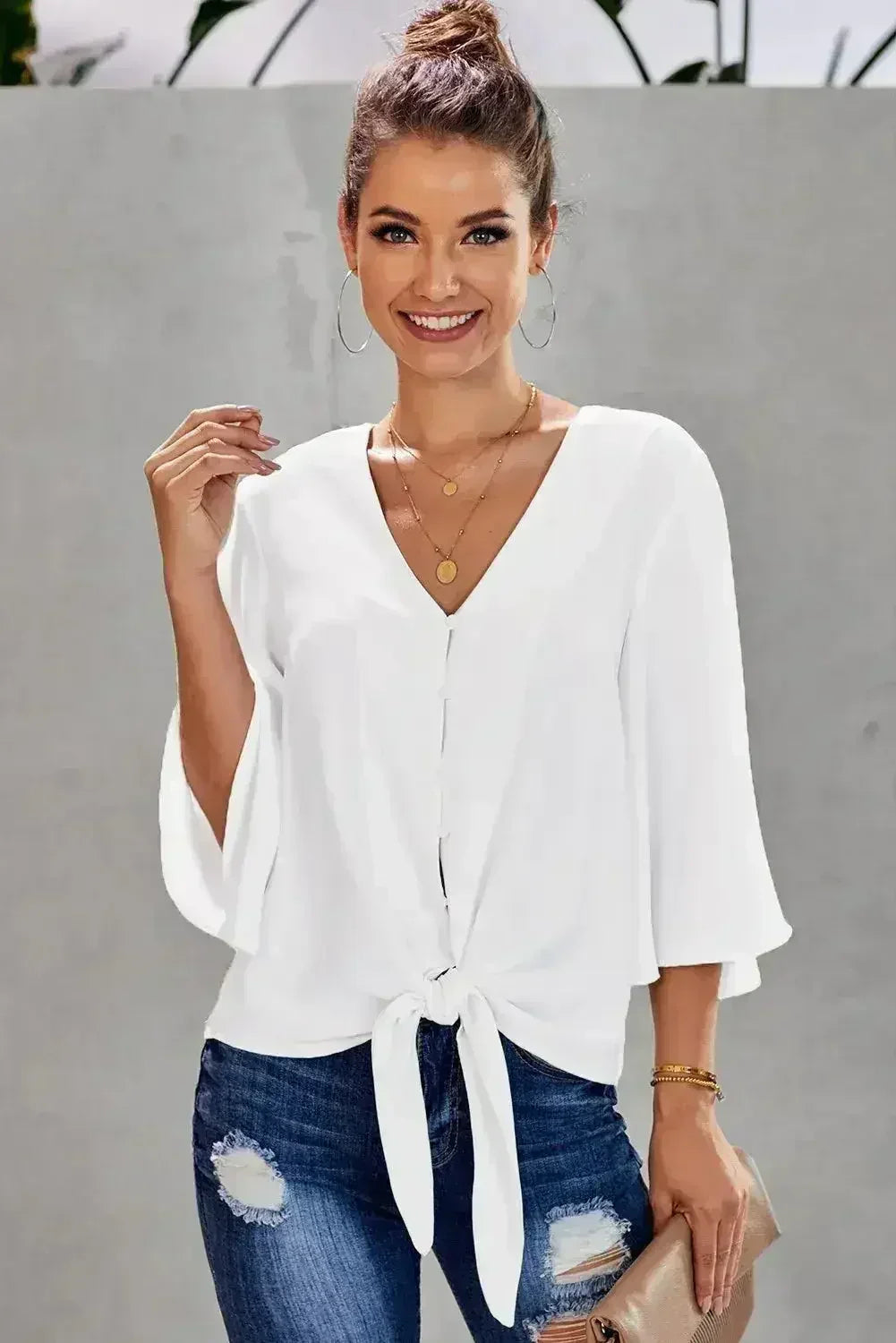 Chic White V Neck Flare Sleeve Button Tie Blouse Top | Femstylo