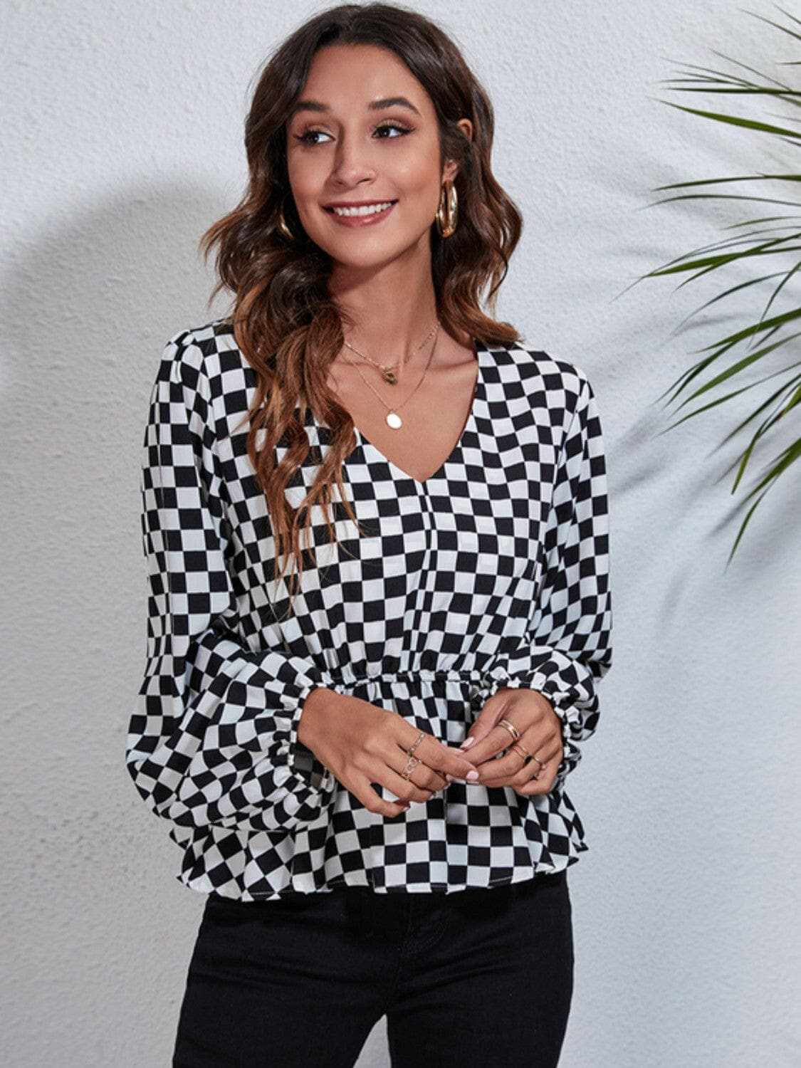 Clothing & Apparel Trendsi Chic checkered v-neck peplum blouse