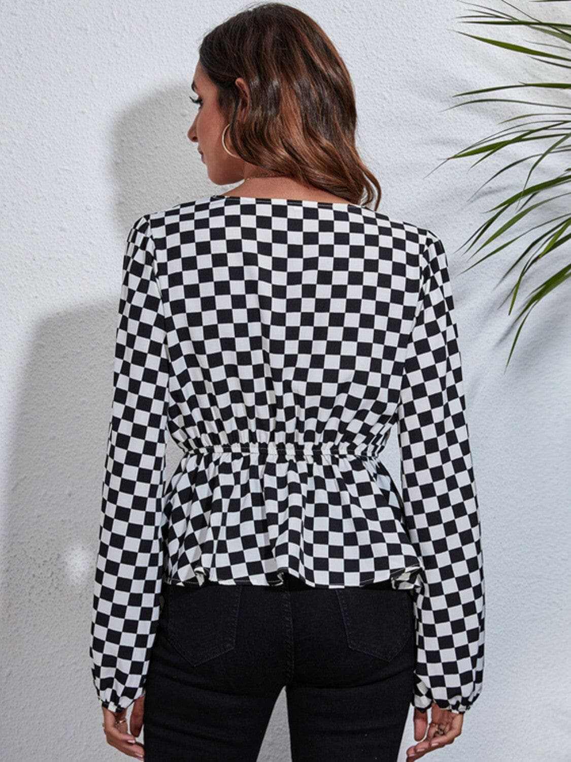 Clothing & Apparel Trendsi Chic checkered v-neck peplum blouse