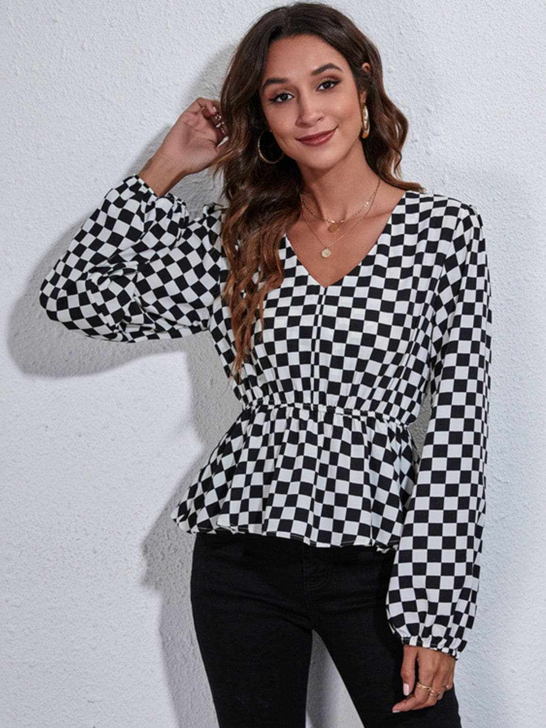 Clothing & Apparel Trendsi Chic checkered v-neck peplum blouse