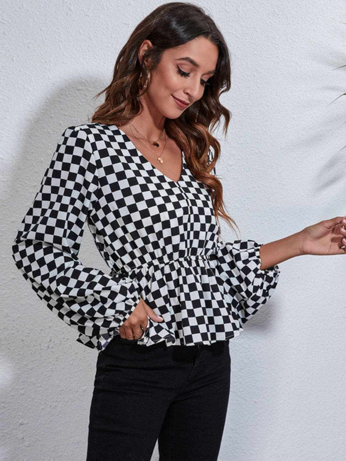Clothing & Apparel Trendsi Chic checkered v-neck peplum blouse